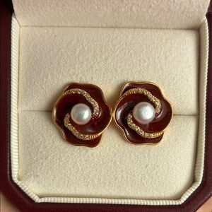 Gold and Brown Pearl Flower Earrings